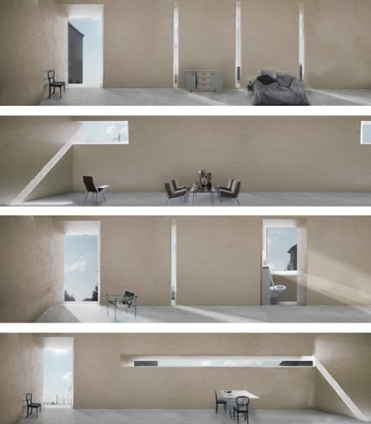 The experience of the interior space is greatly affected by how you sense the solidity of the wall.  I looked more closely at the treatment of the outer façade and created different intensities that you would have with the screen and the exterior. Therefore constantly negotiating this threshold condition the apartment has between the exterior and public core.